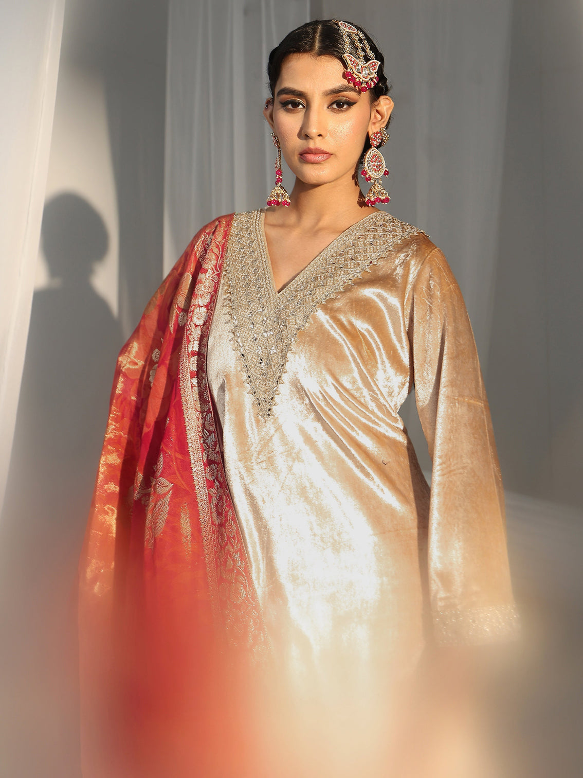 Mameraa Cream Embroidered Velvet Straight Suit Set
