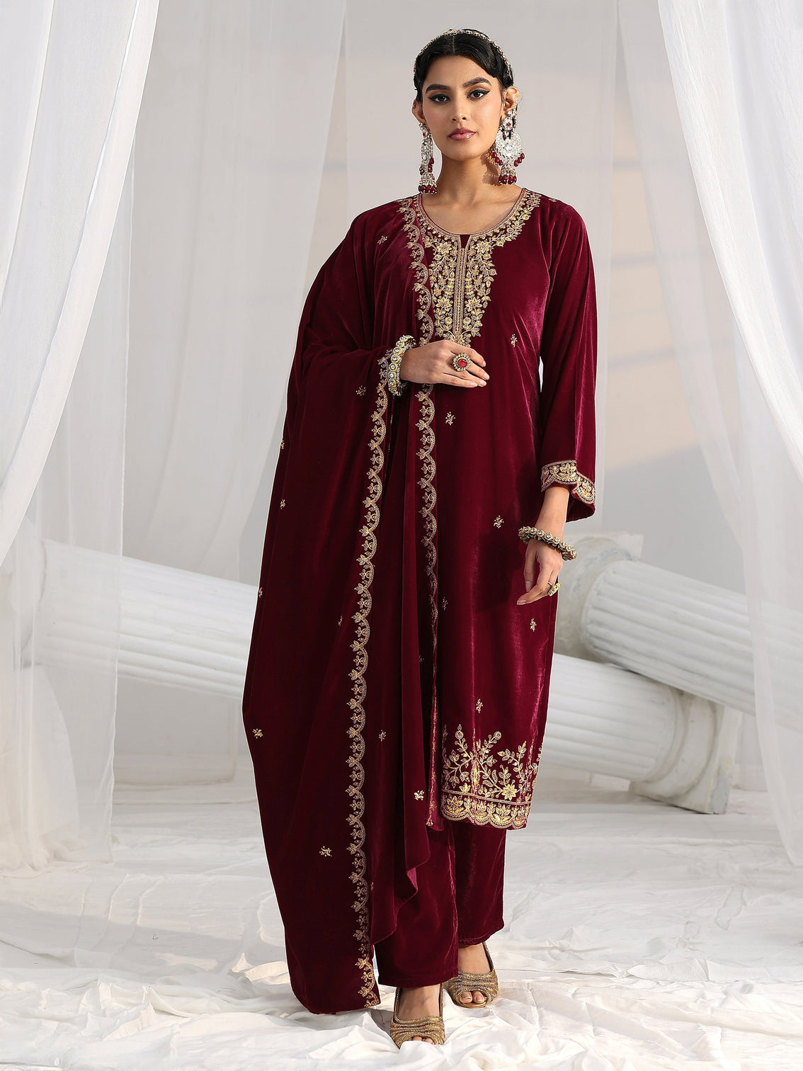 Mameraa Maroon Floral Embroidered Velvet Straight Suit Set