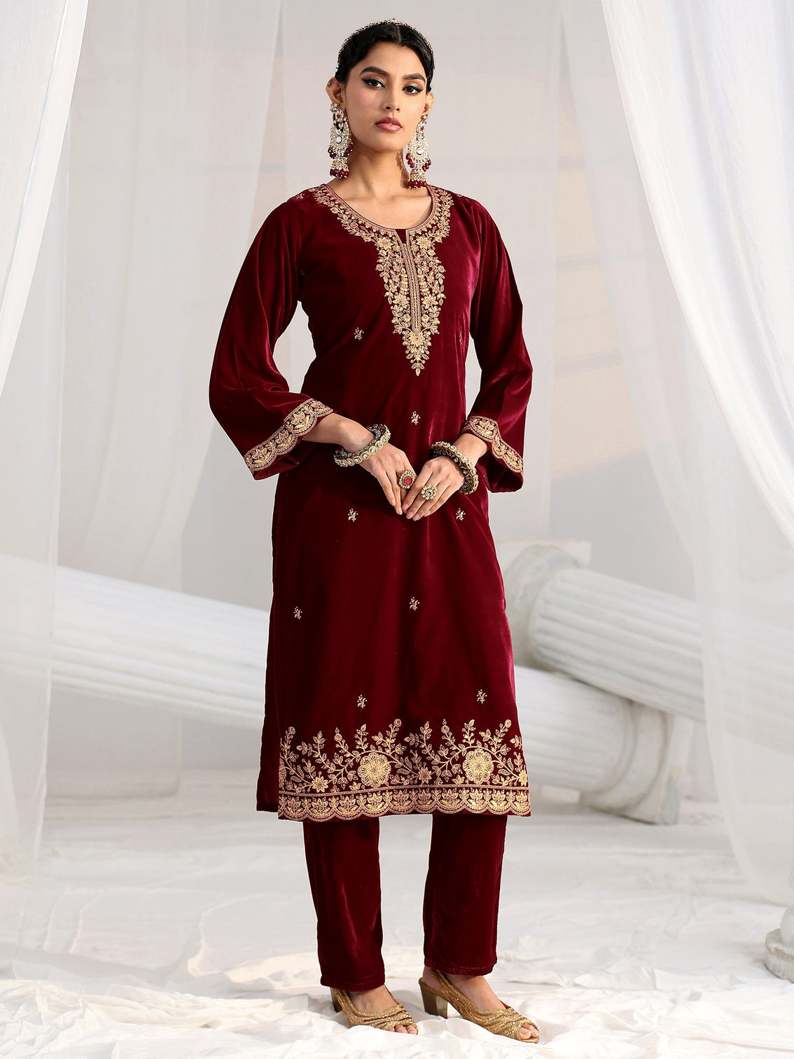 Mameraa Maroon Floral Embroidered Velvet Straight Suit Set