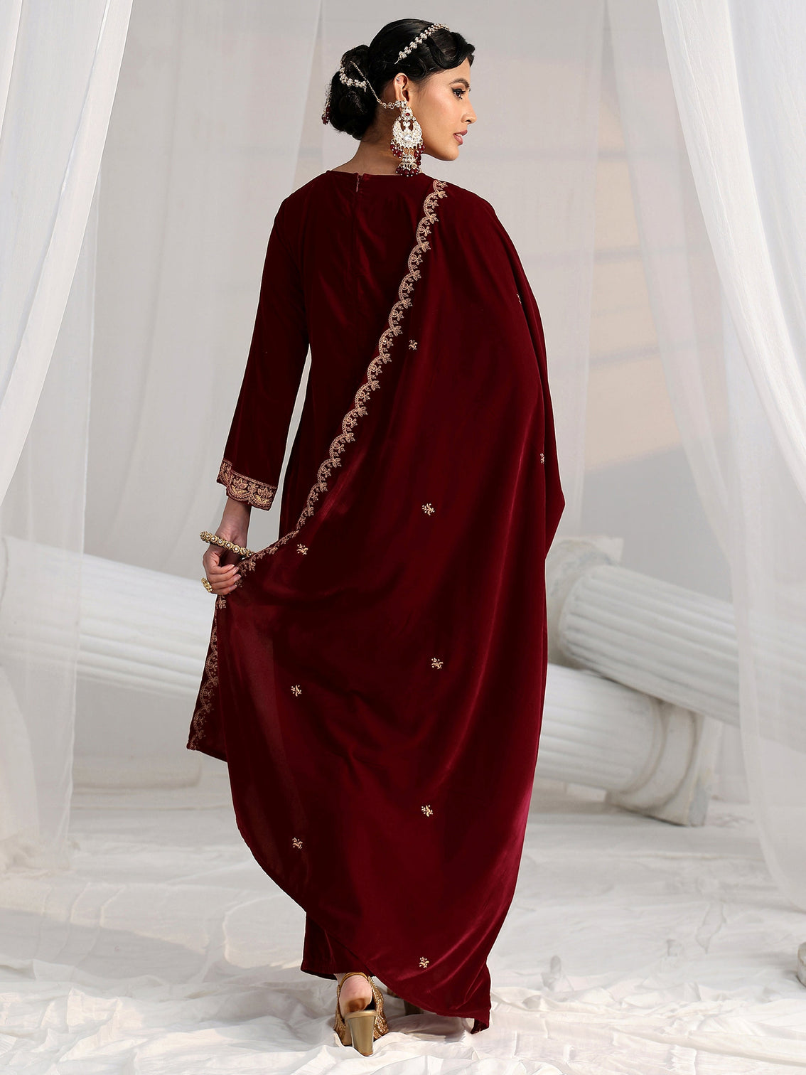 Mameraa Maroon Floral Embroidered Velvet Straight Suit Set