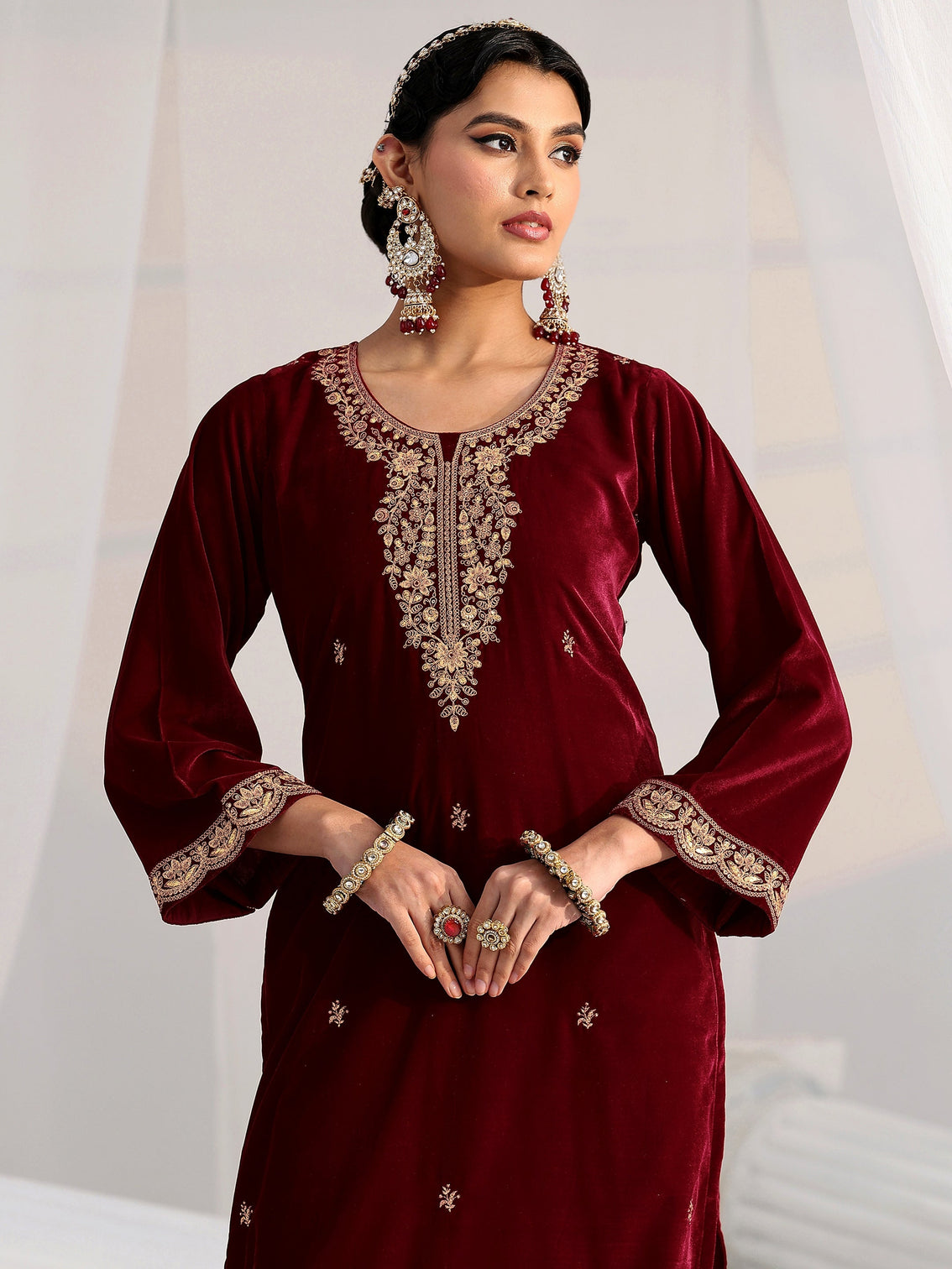 Mameraa Maroon Floral Embroidered Velvet Straight Suit Set