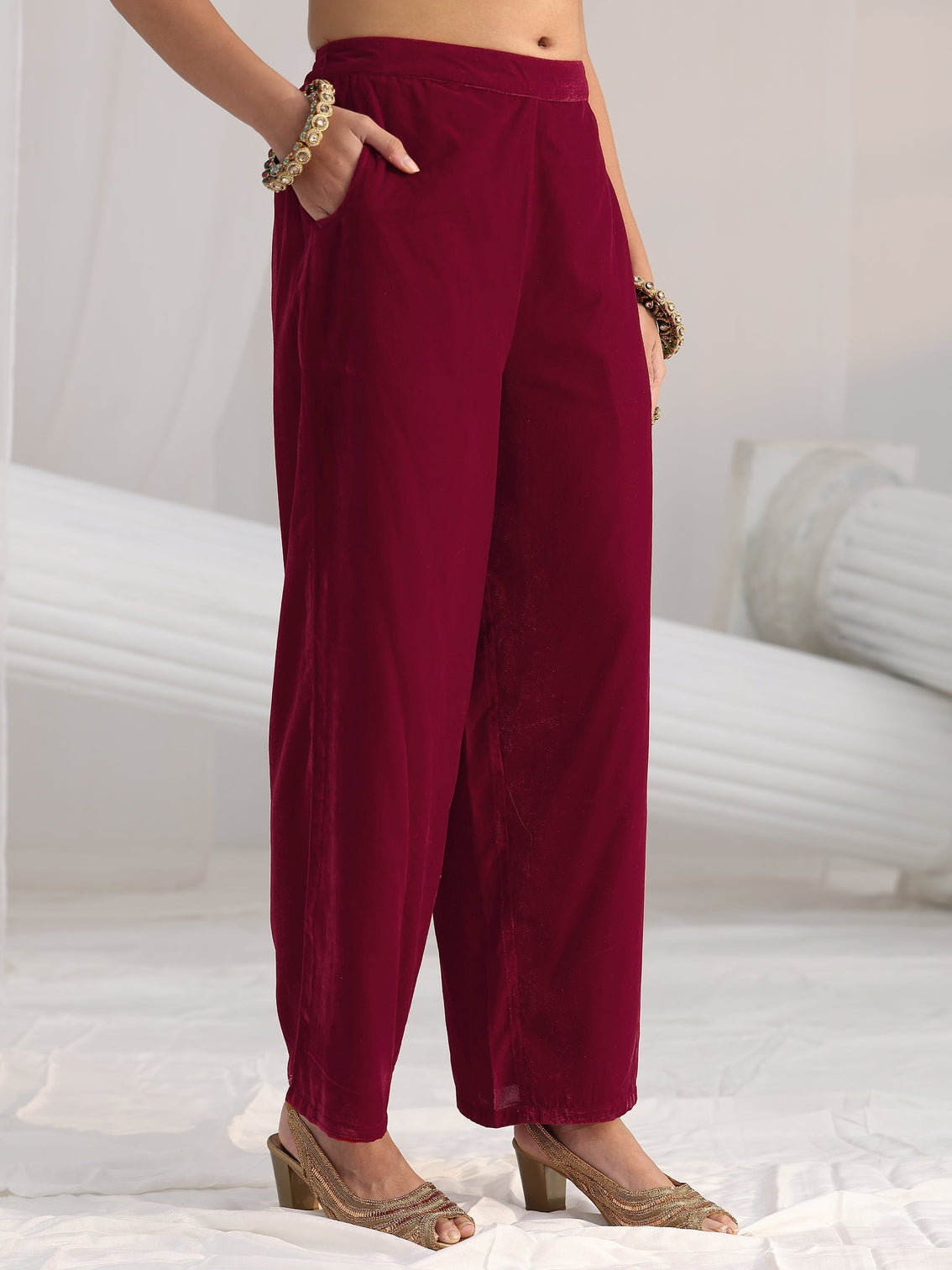 Mameraa Maroon Floral Embroidered Velvet Straight Suit Set