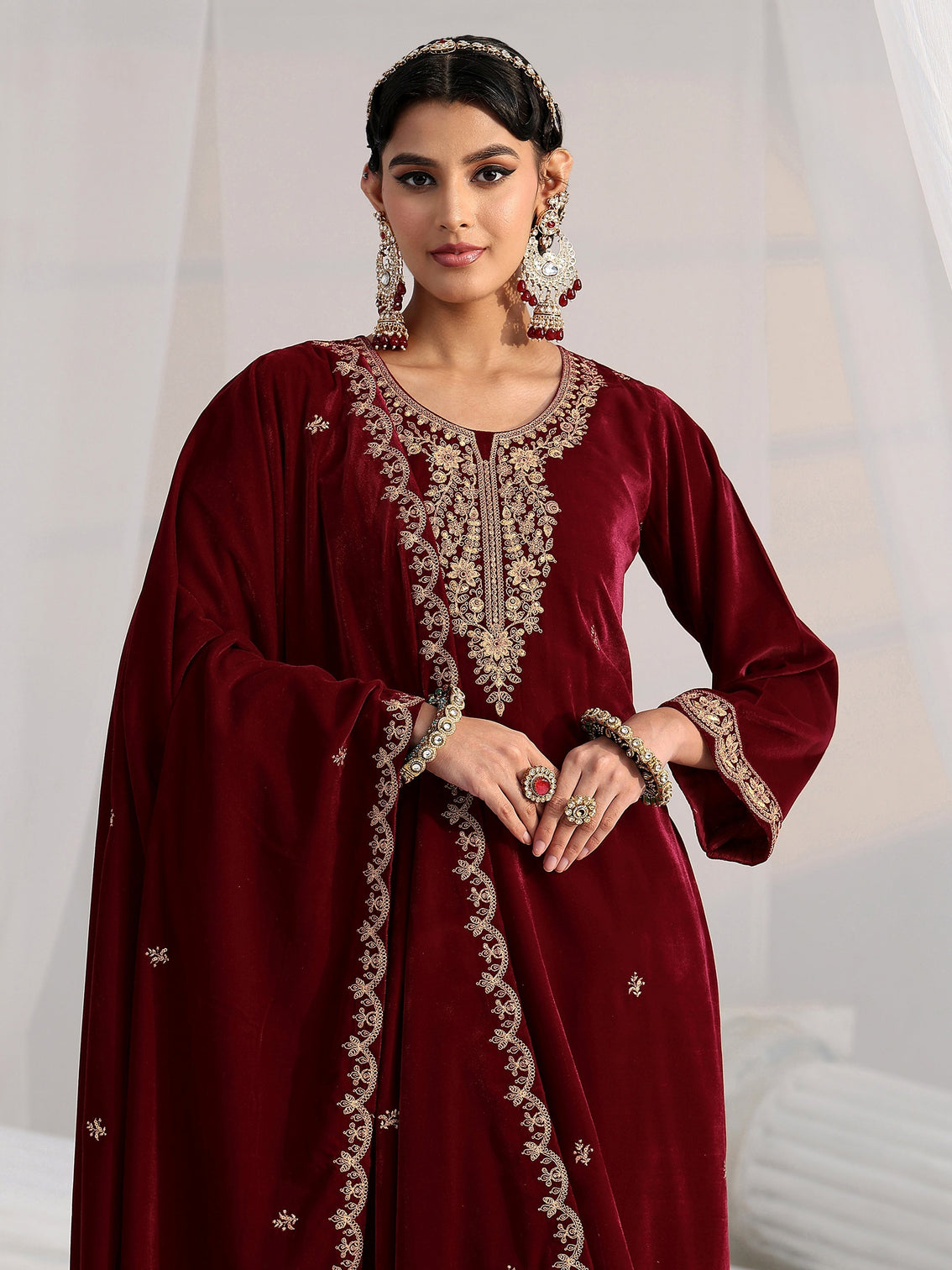 Mameraa Maroon Floral Embroidered Velvet Straight Suit Set