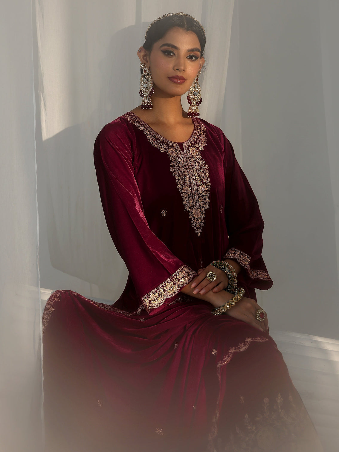 Mameraa Maroon Floral Embroidered Velvet Straight Suit Set