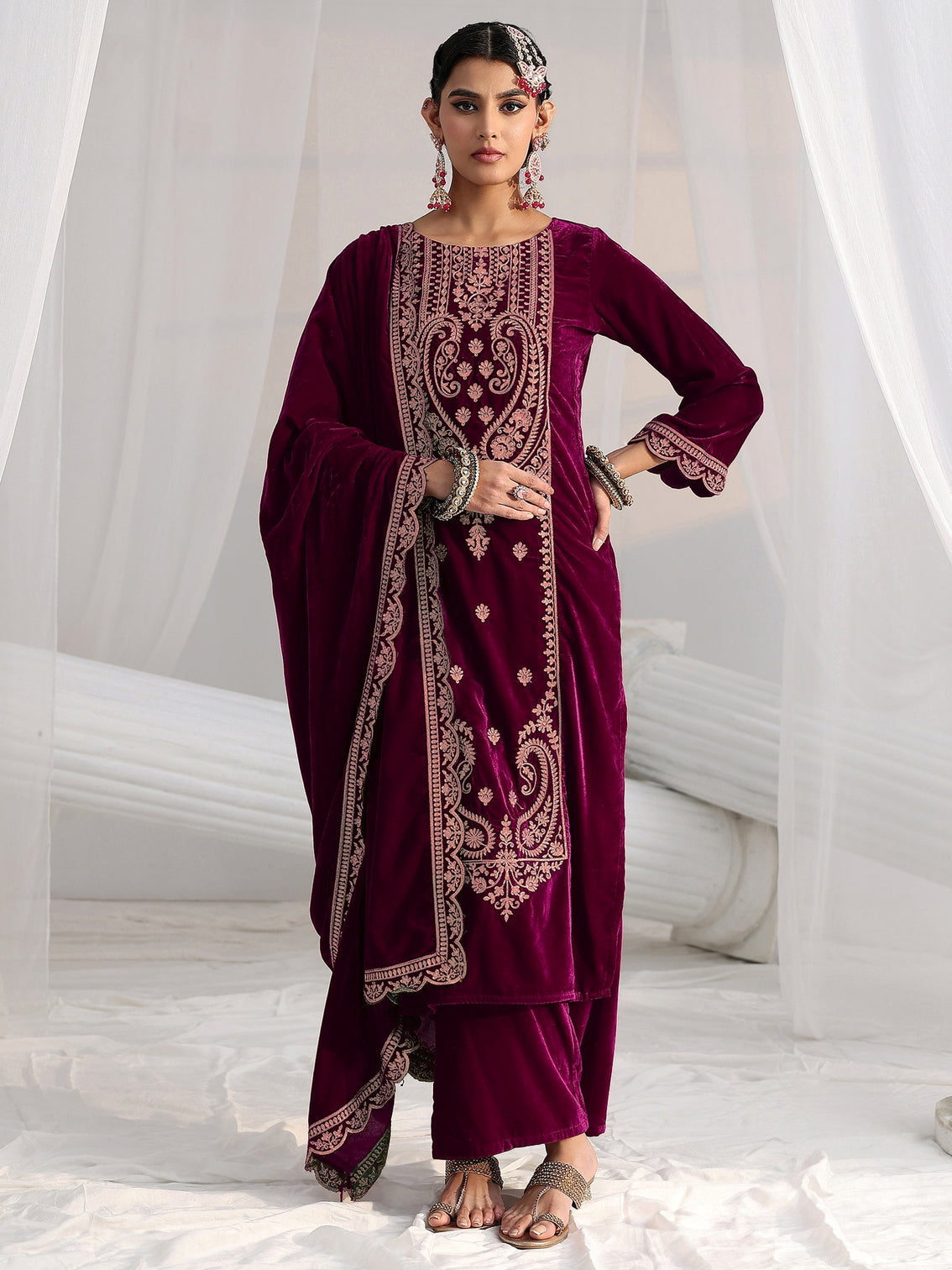 Mameraa Burgundy Paisley Embroidered Velvet Straight Suit Set