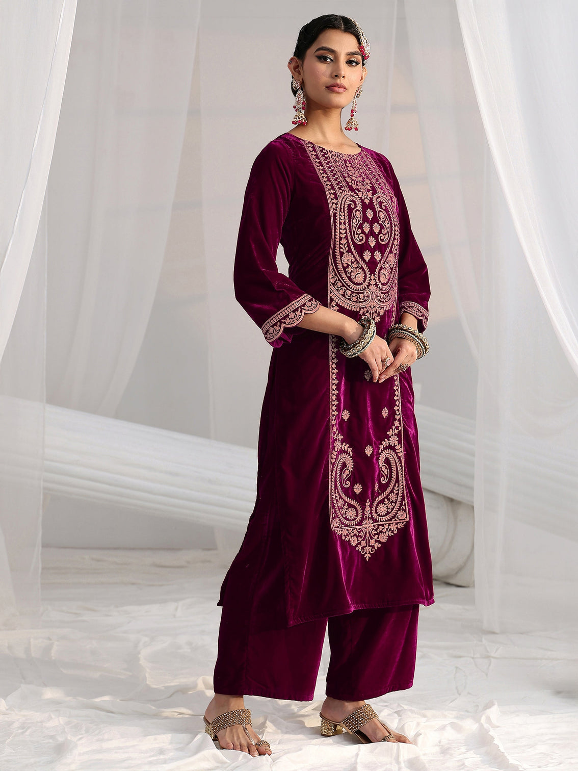 Mameraa Burgundy Paisley Embroidered Velvet Straight Suit Set