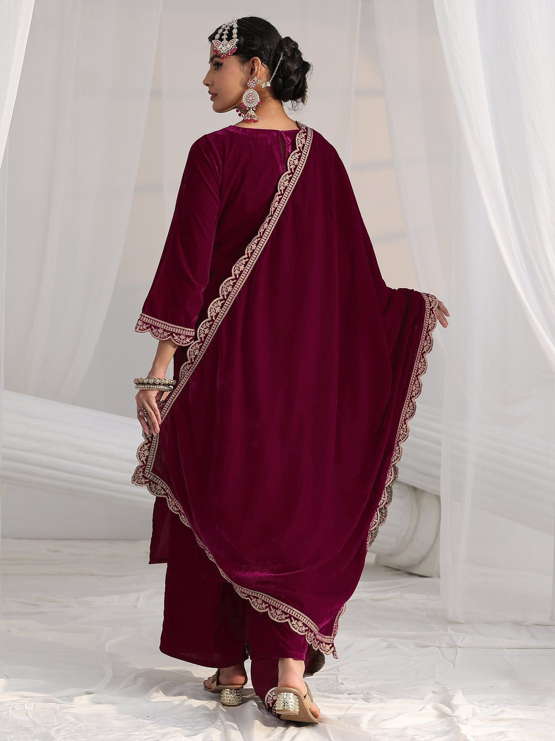 Mameraa Burgundy Paisley Embroidered Velvet Straight Suit Set