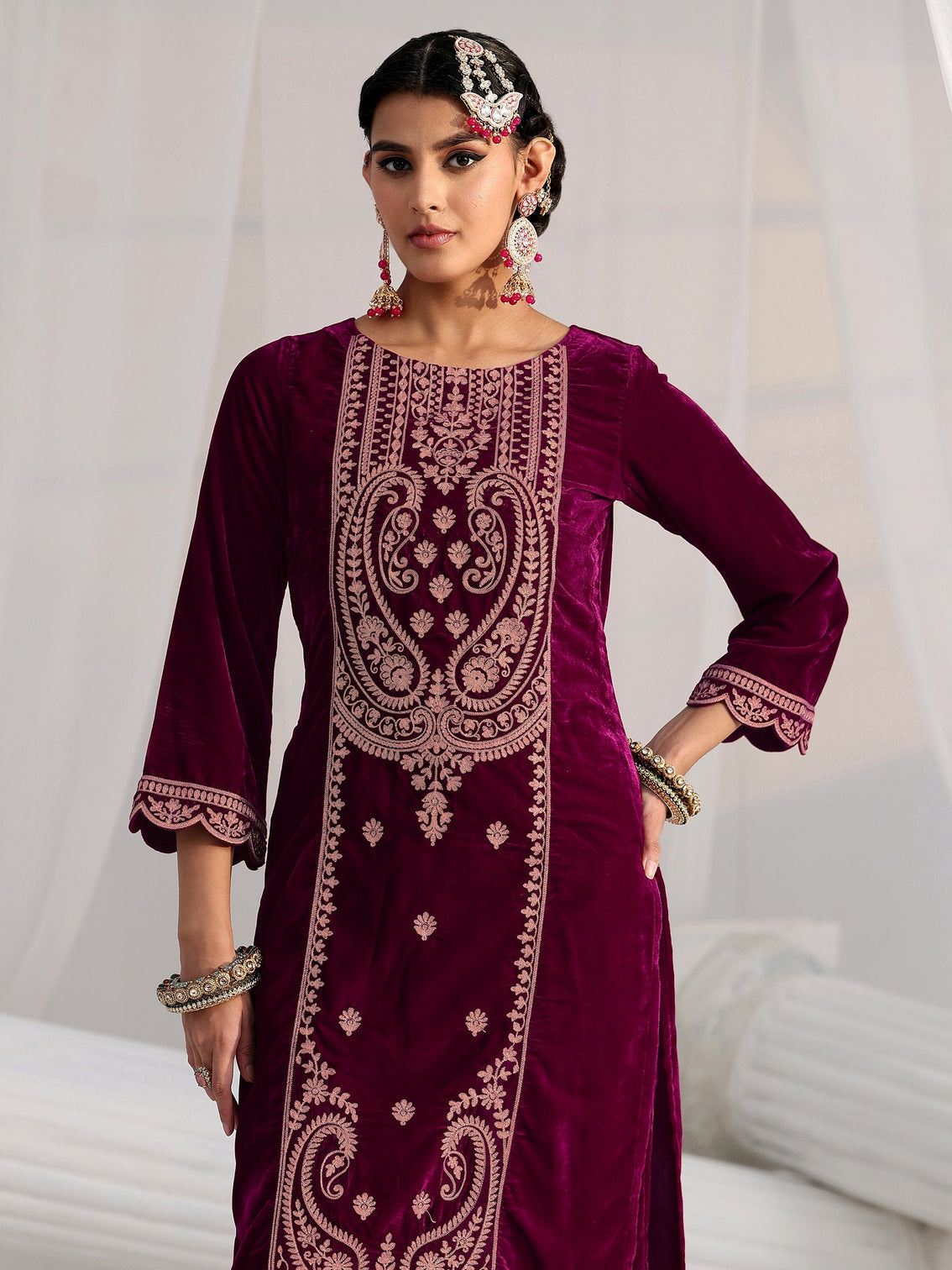 Mameraa Burgundy Paisley Embroidered Velvet Straight Suit Set