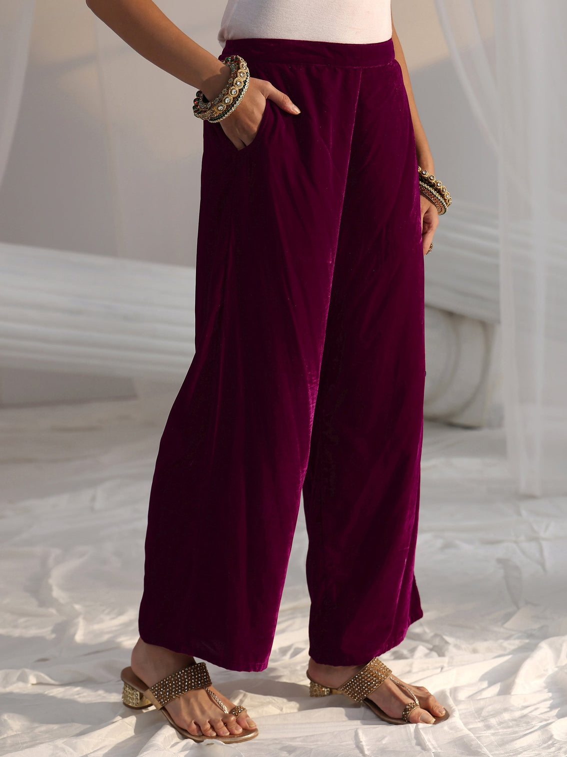 Mameraa Burgundy Paisley Embroidered Velvet Straight Suit Set