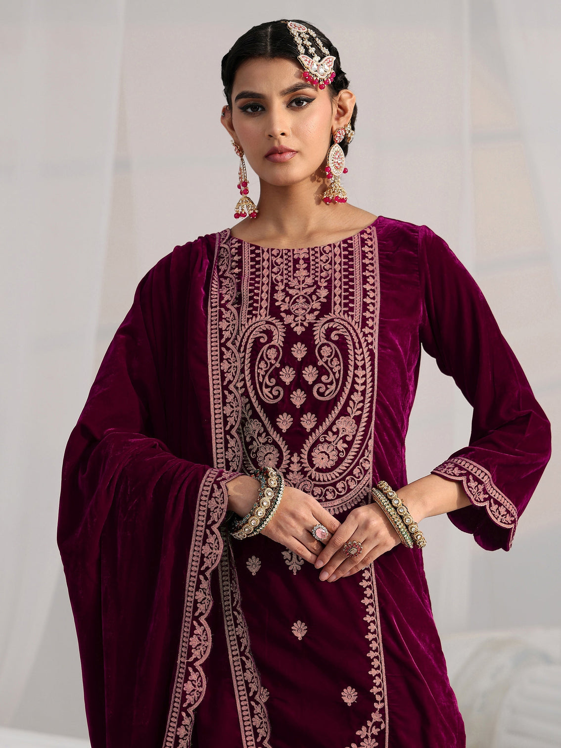 Mameraa Burgundy Paisley Embroidered Velvet Straight Suit Set