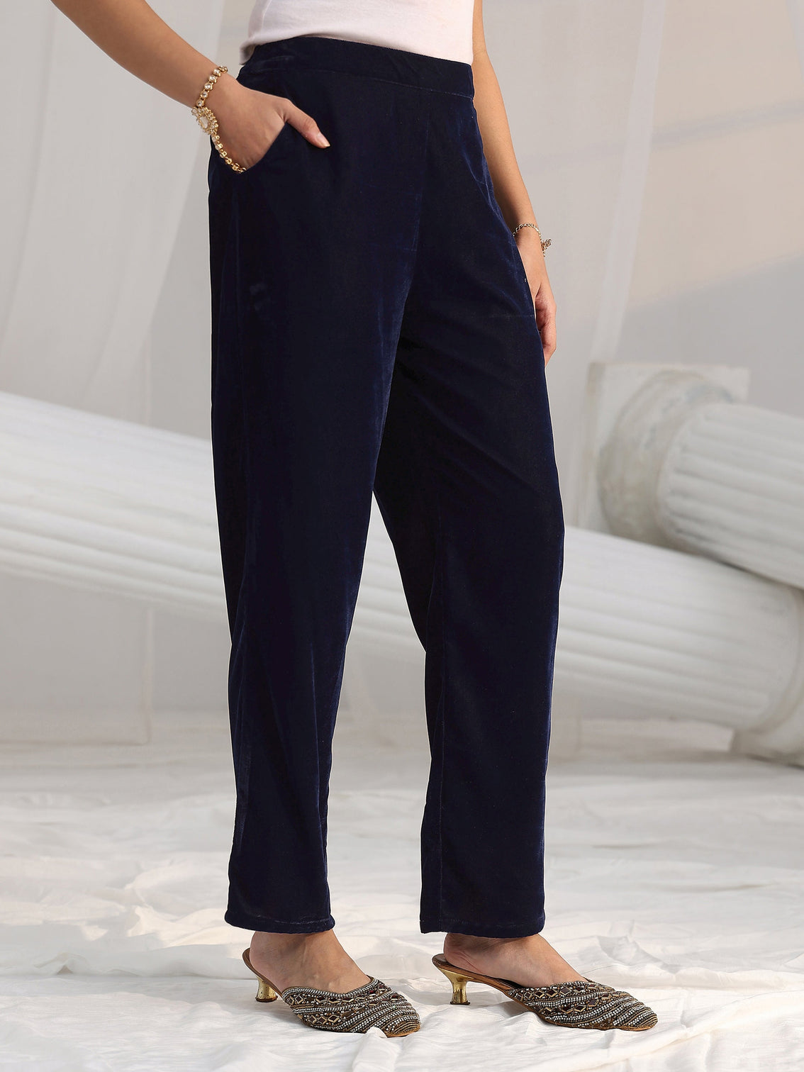 Mameraa Navy Blue Embroidered Velvel Straight Suit Set