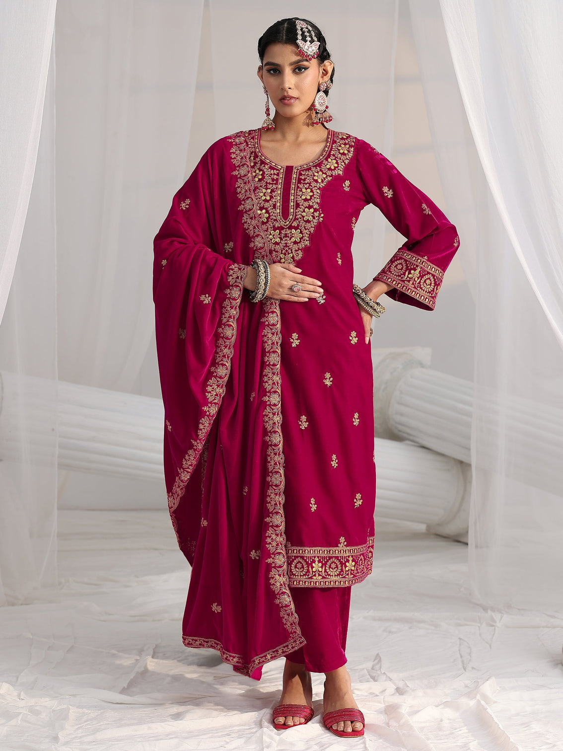 Mameraa Red Floral Embroidered Velvet Straight Suit Set