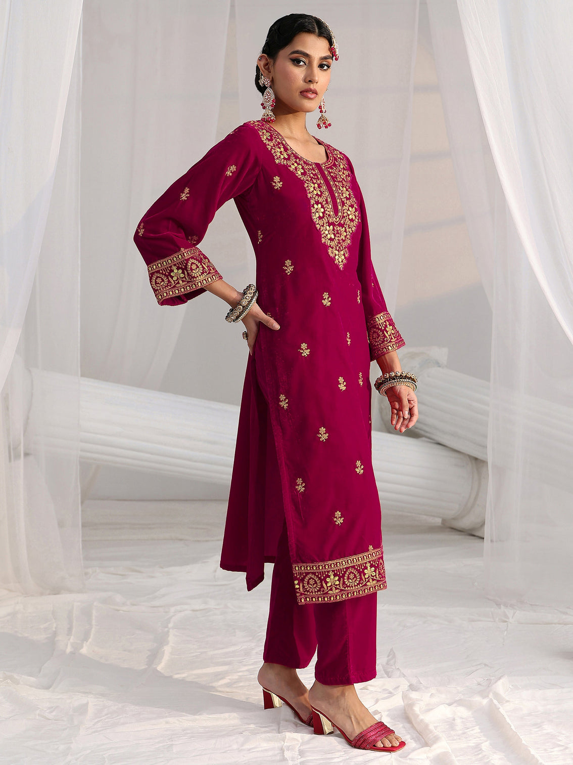 Mameraa Red Floral Embroidered Velvet Straight Suit Set