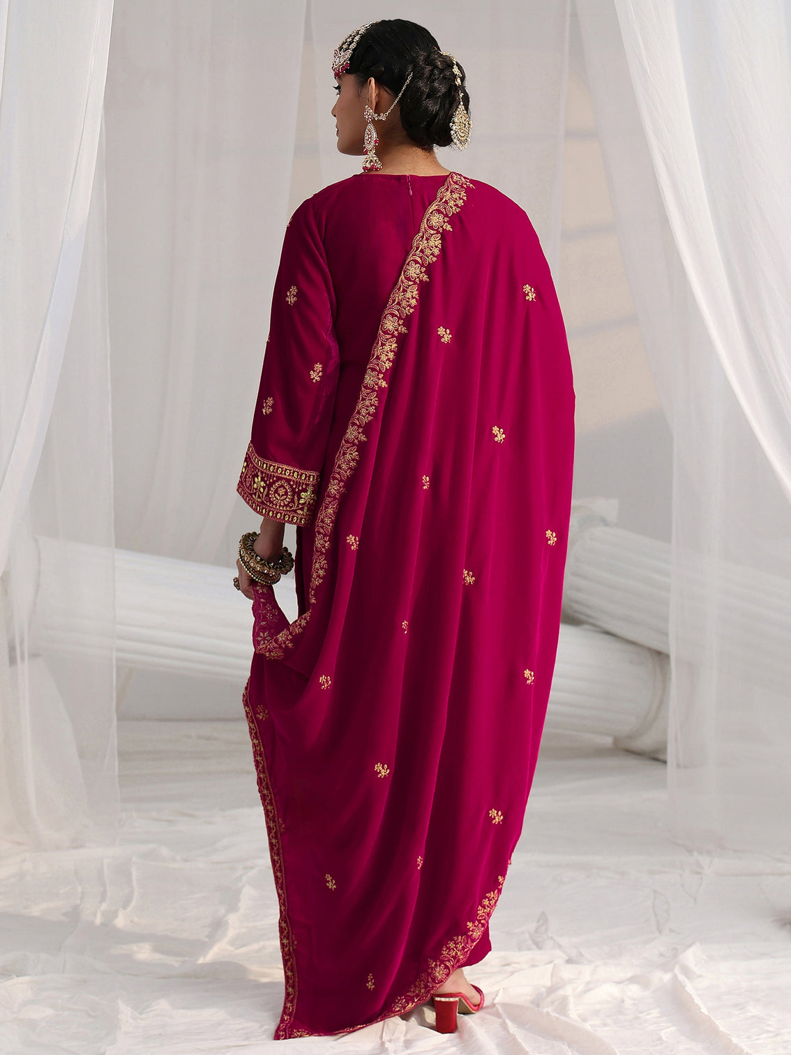 Mameraa Red Floral Embroidered Velvet Straight Suit Set