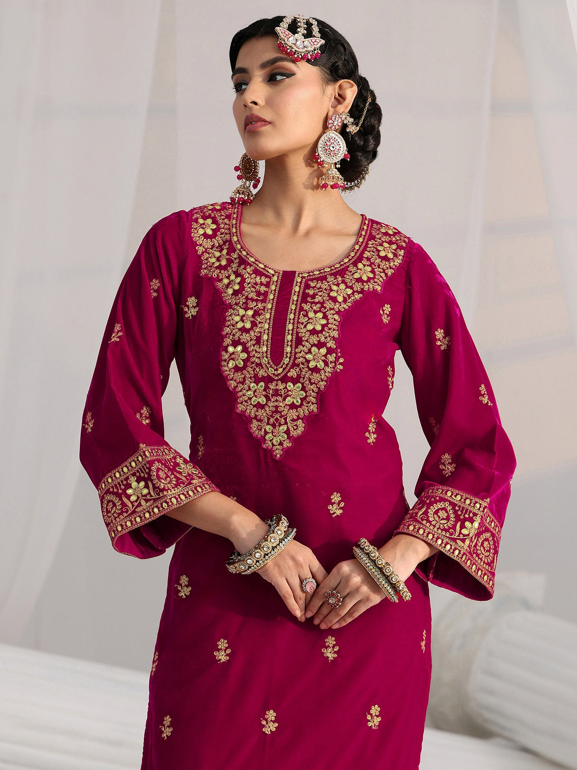 Mameraa Red Floral Embroidered Velvet Straight Suit Set