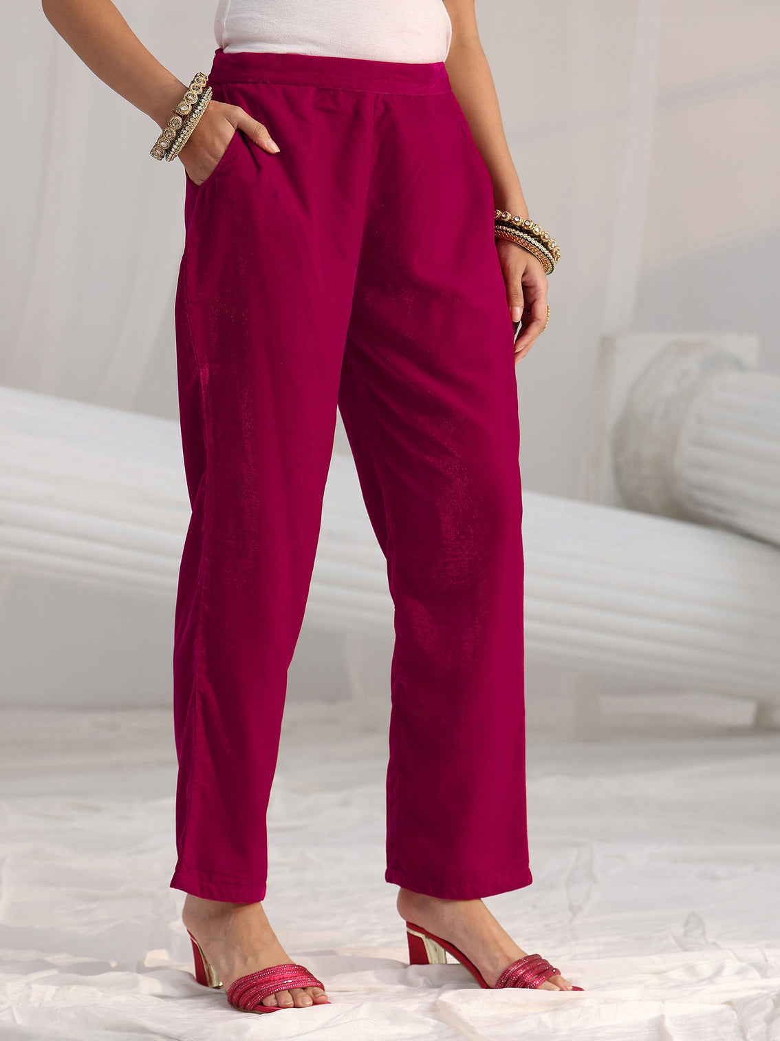 Mameraa Red Floral Embroidered Velvet Straight Suit Set