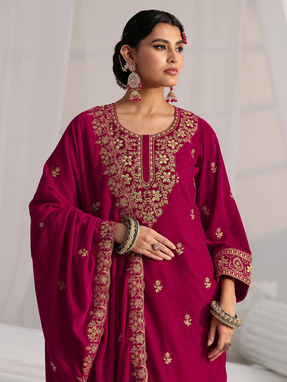 Mameraa Red Floral Embroidered Velvet Straight Suit Set