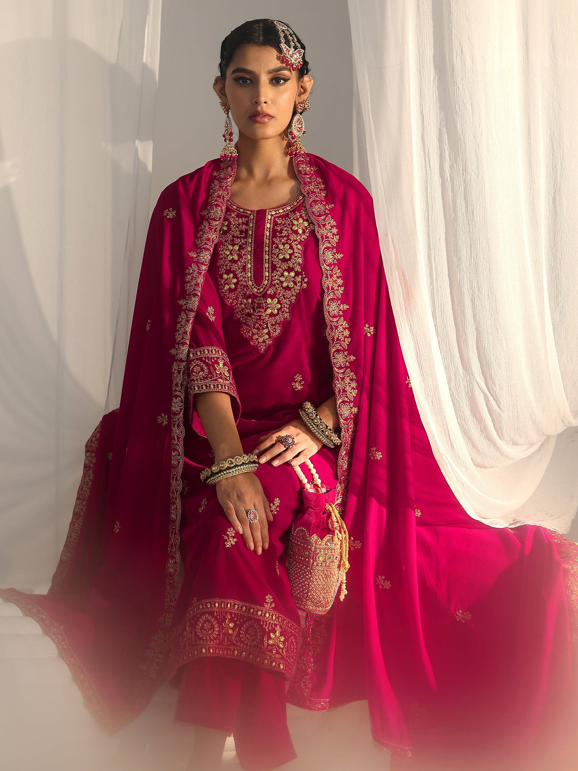 Mameraa Red Floral Embroidered Velvet Straight Suit Set