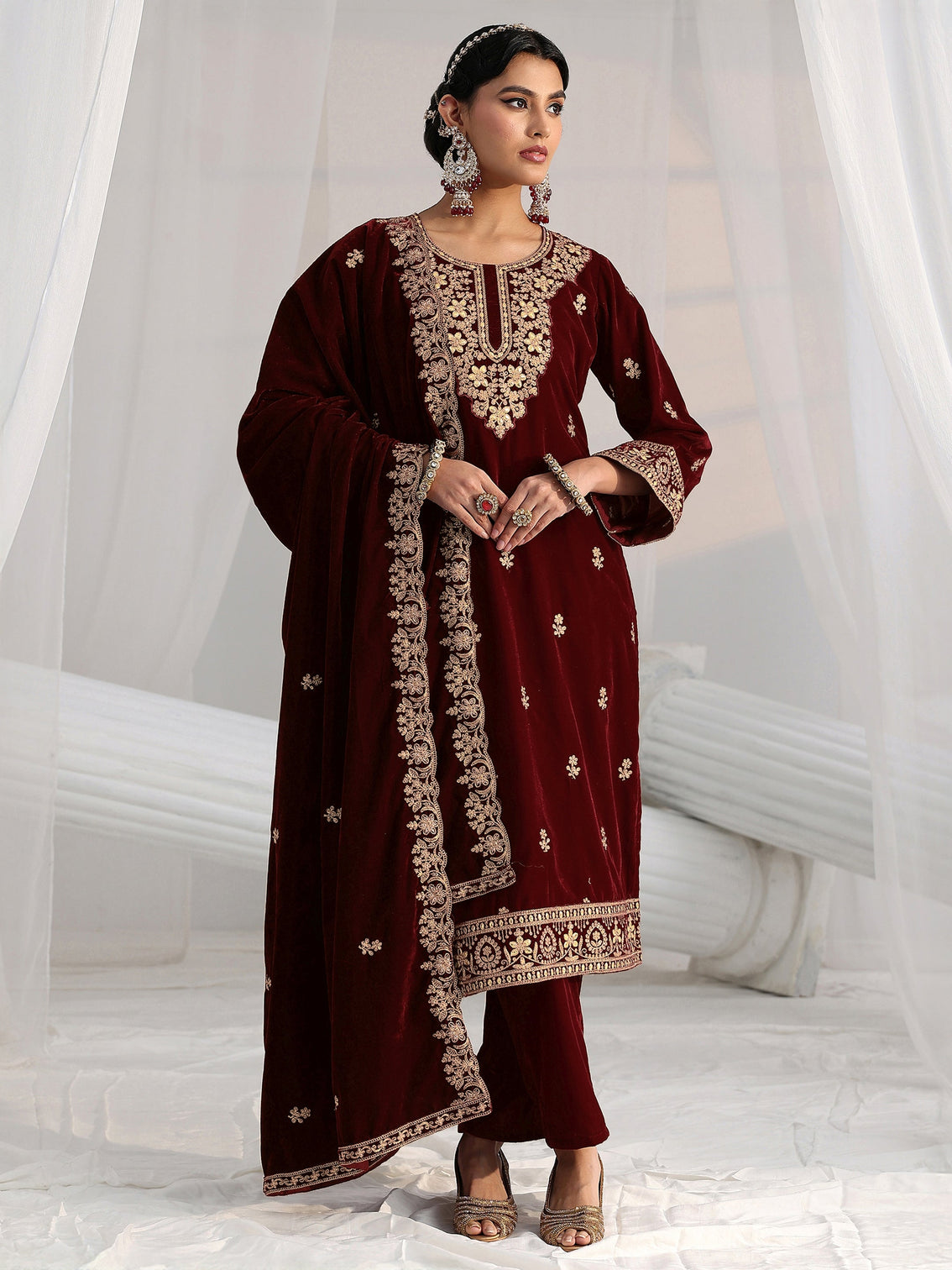 Mameraa Maroon Floral Embroidered Velvet Straight Suit Set