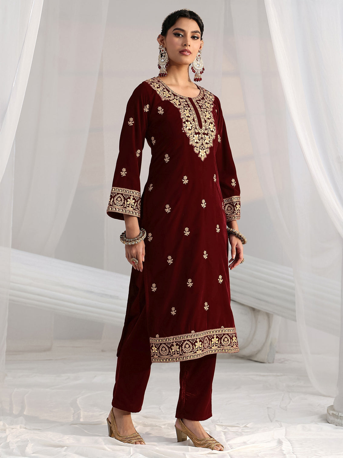 Mameraa Maroon Floral Embroidered Velvet Straight Suit Set