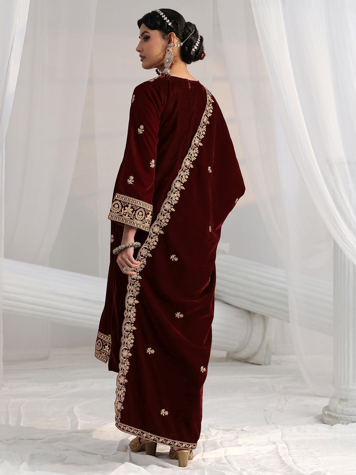 Mameraa Maroon Floral Embroidered Velvet Straight Suit Set