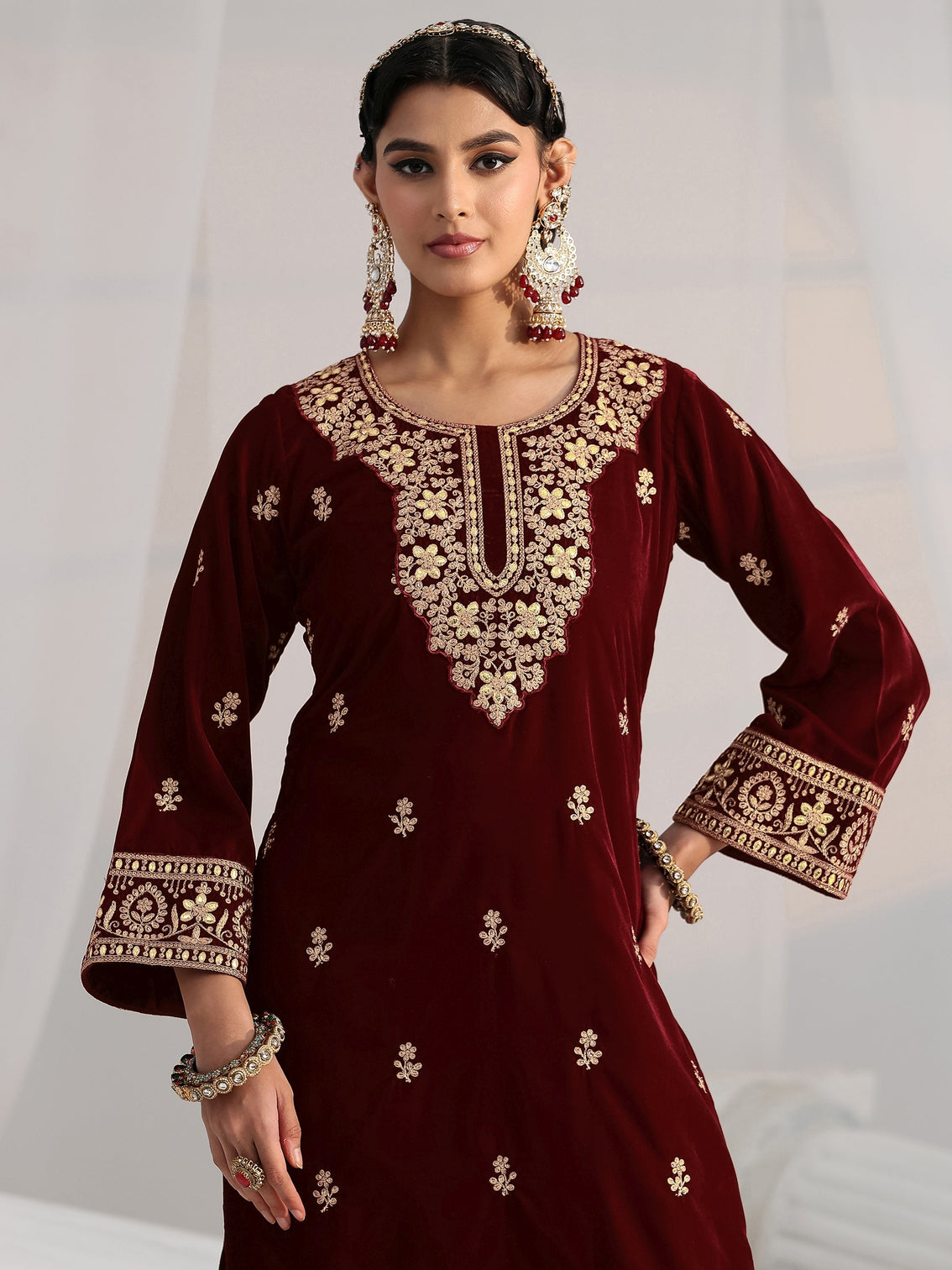 Mameraa Maroon Floral Embroidered Velvet Straight Suit Set