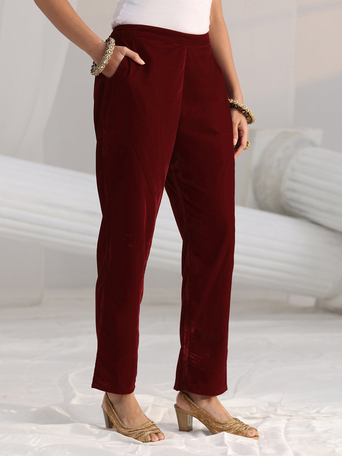 Mameraa Maroon Floral Embroidered Velvet Straight Suit Set