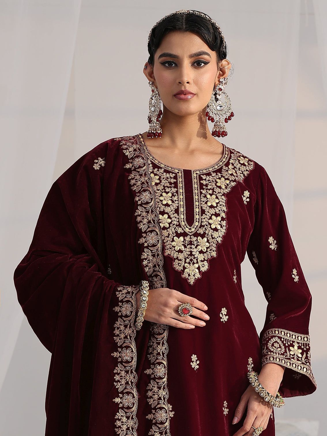Mameraa Maroon Floral Embroidered Velvet Straight Suit Set