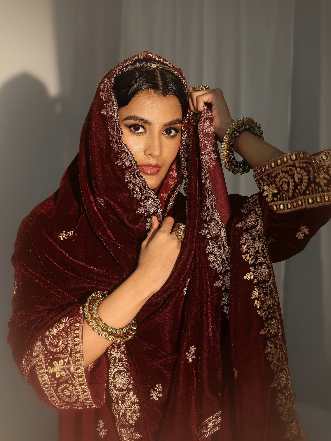 Mameraa Maroon Floral Embroidered Velvet Straight Suit Set