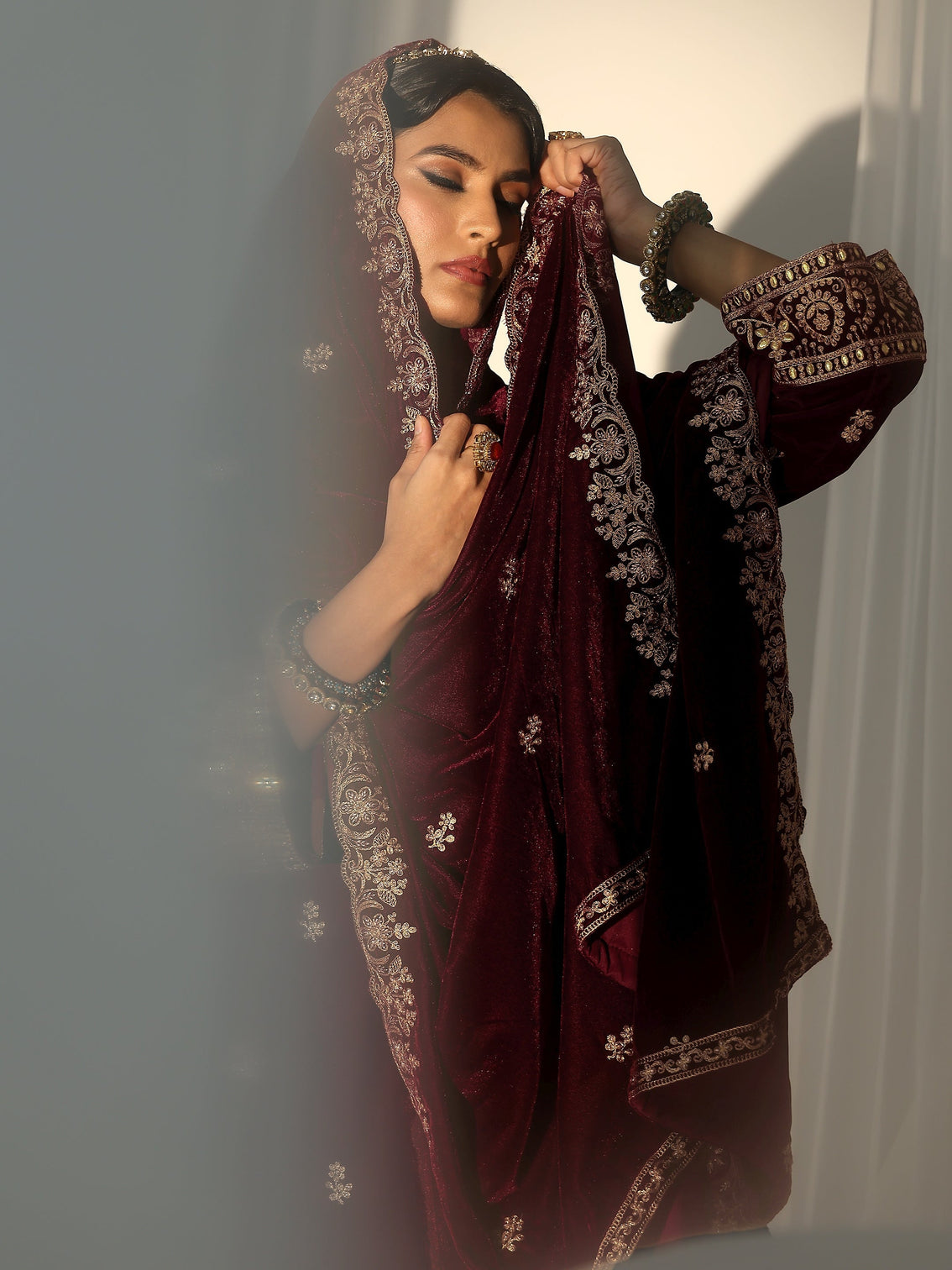 Mameraa Maroon Floral Embroidered Velvet Straight Suit Set