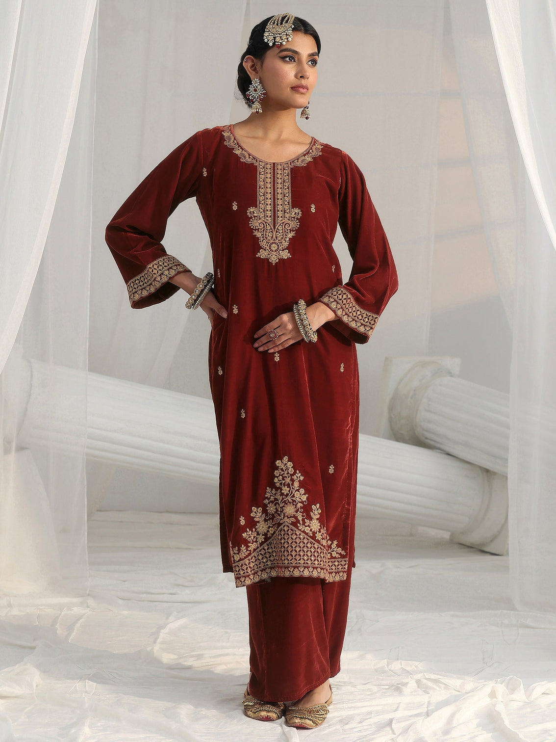 Mameraa Rust Brown Floral Embroidered Velvet Straight Suit Set