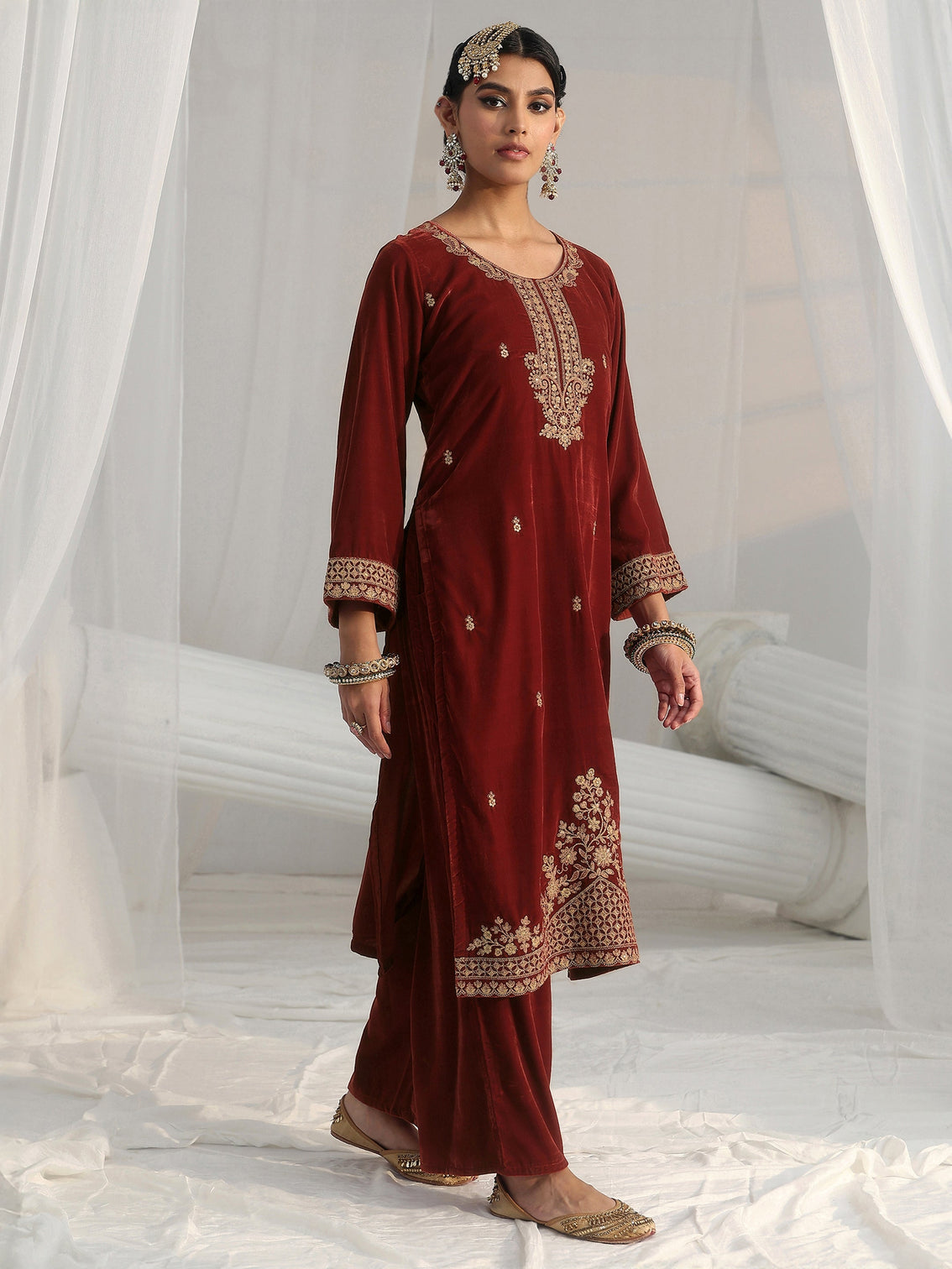 Mameraa Rust Brown Floral Embroidered Velvet Straight Suit Set