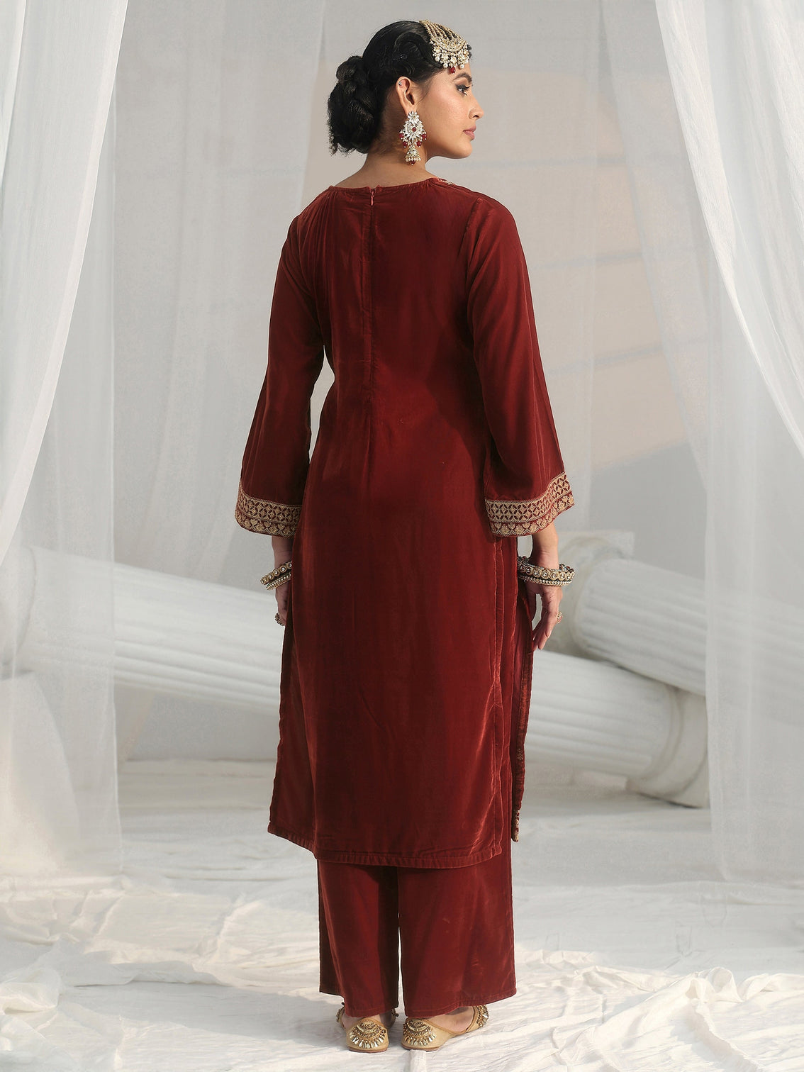 Mameraa Rust Brown Floral Embroidered Velvet Straight Suit Set