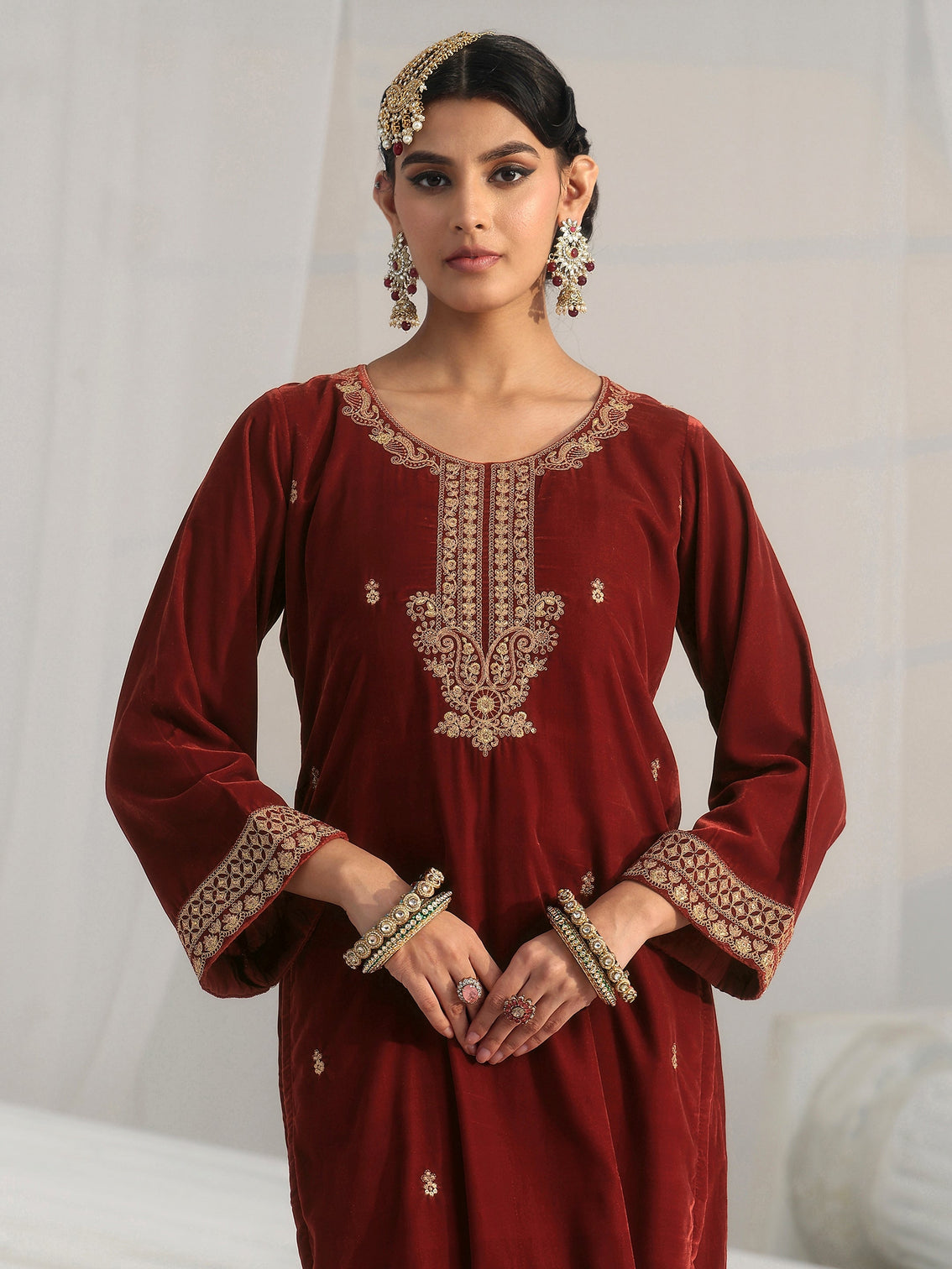 Mameraa Rust Brown Floral Embroidered Velvet Straight Suit Set
