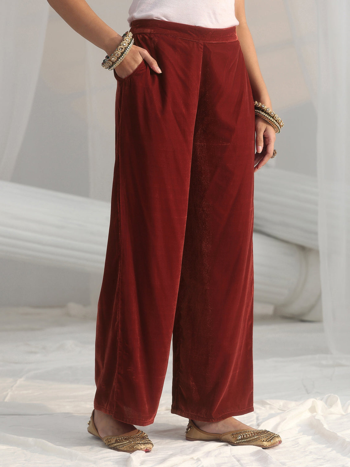 Mameraa Rust Brown Floral Embroidered Velvet Straight Suit Set