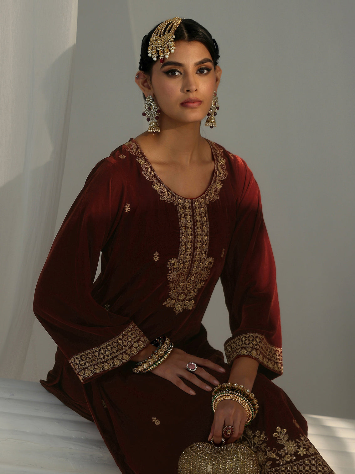 Mameraa Rust Brown Floral Embroidered Velvet Straight Suit Set
