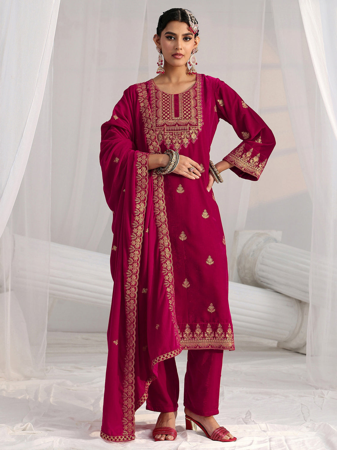 Mameraa Crimson Red Floral Embroidered Velvet Straight Suit Set