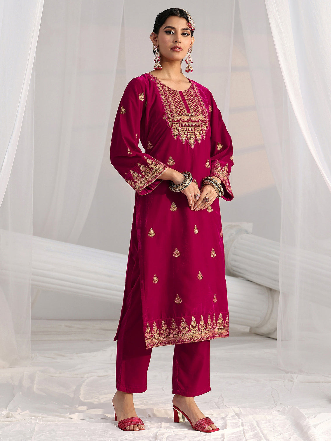 Mameraa Crimson Red Floral Embroidered Velvet Straight Suit Set