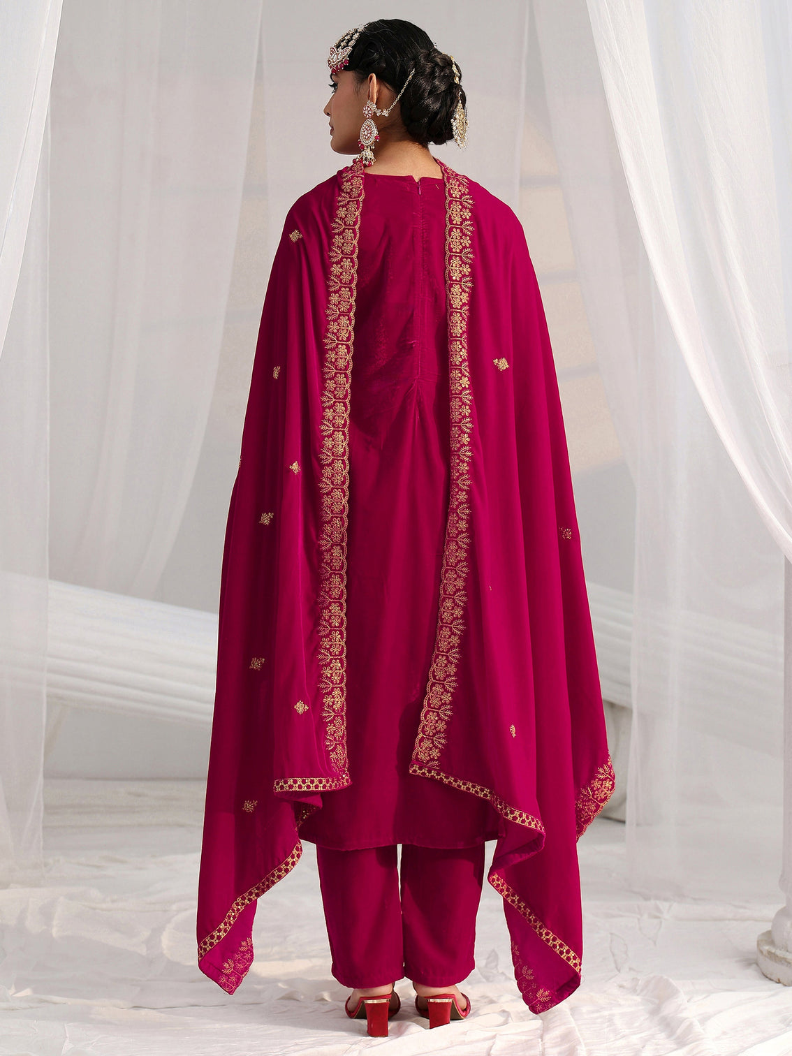 Mameraa Crimson Red Floral Embroidered Velvet Straight Suit Set