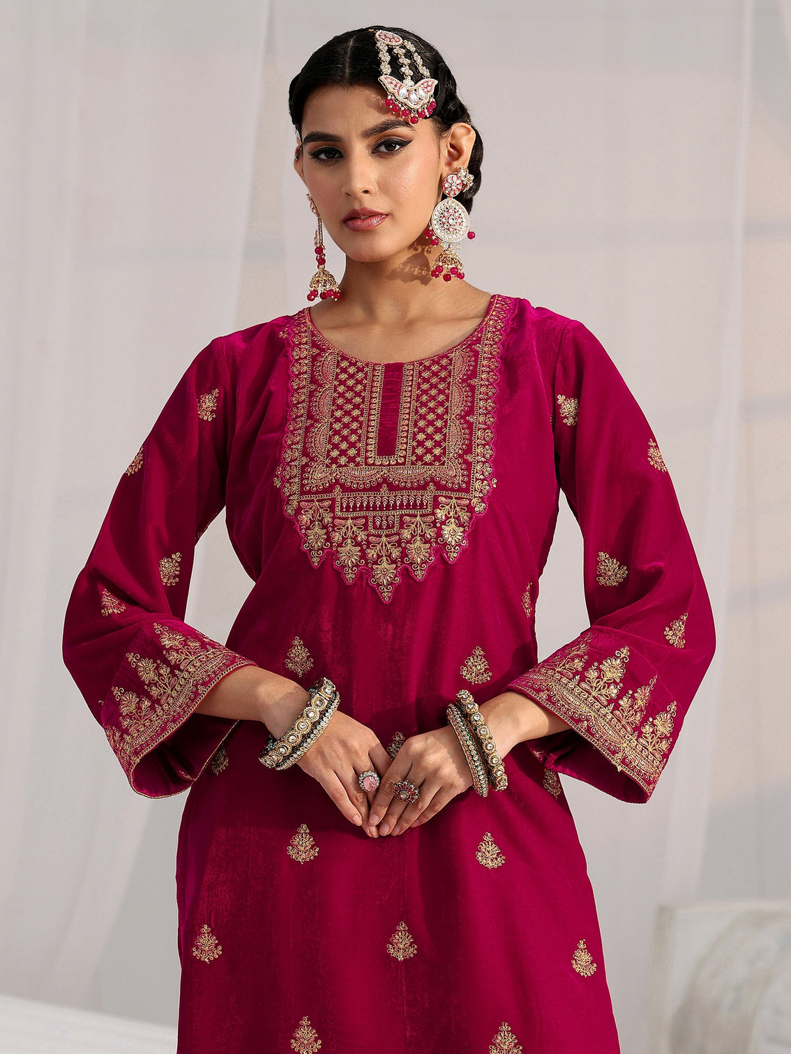 Mameraa Crimson Red Floral Embroidered Velvet Straight Suit Set