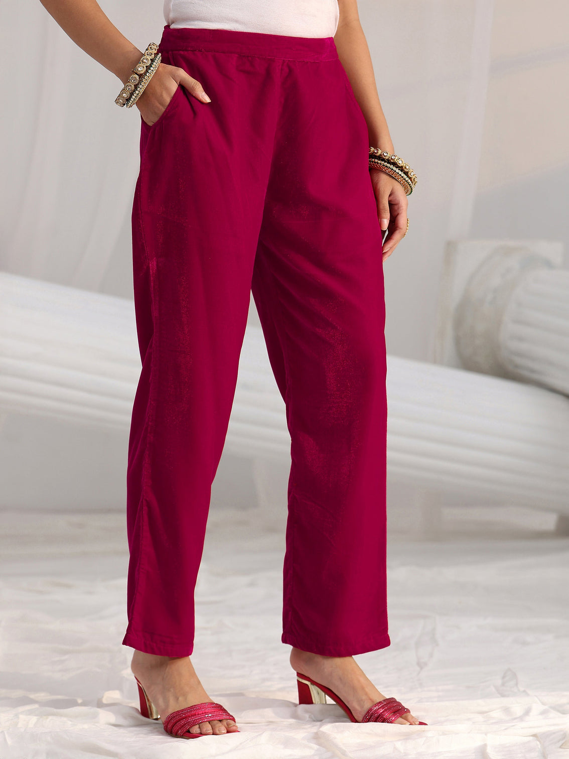 Mameraa Crimson Red Floral Embroidered Velvet Straight Suit Set
