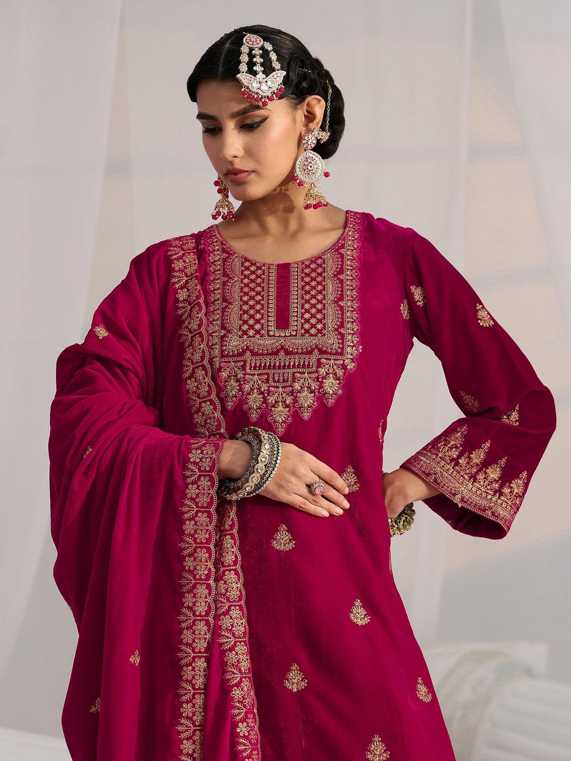 Mameraa Crimson Red Floral Embroidered Velvet Straight Suit Set