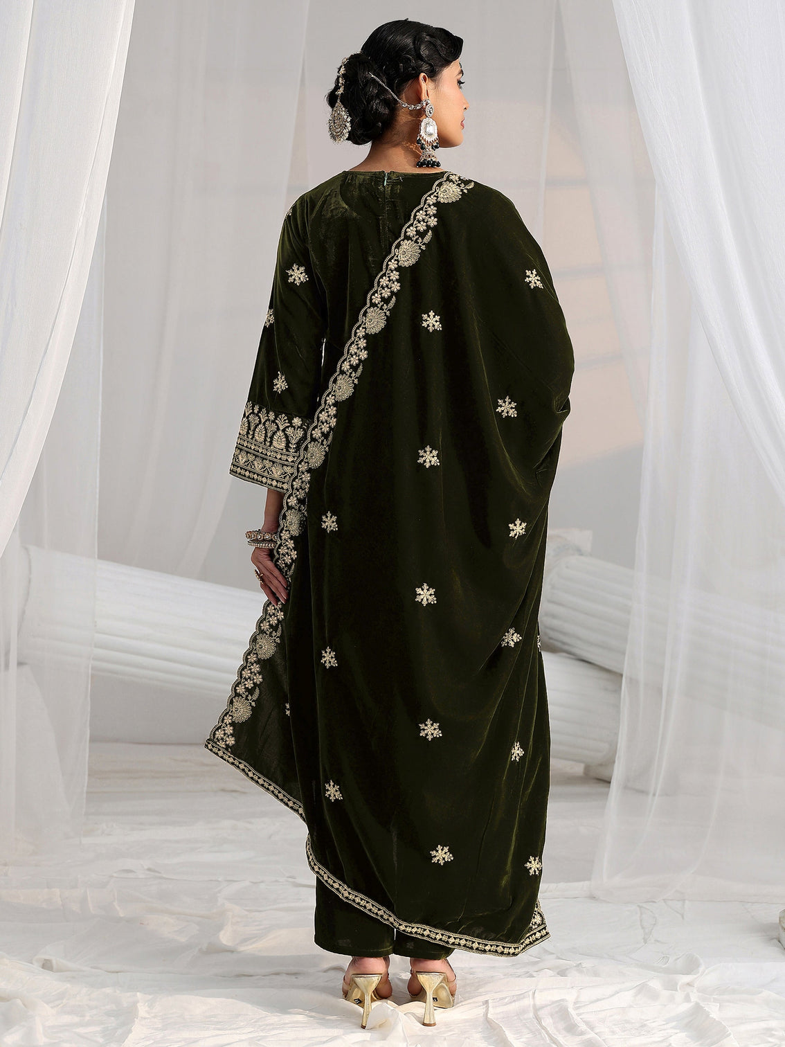 Mameraa Forest Green Yoke Design Velvet Straight Suit Set
