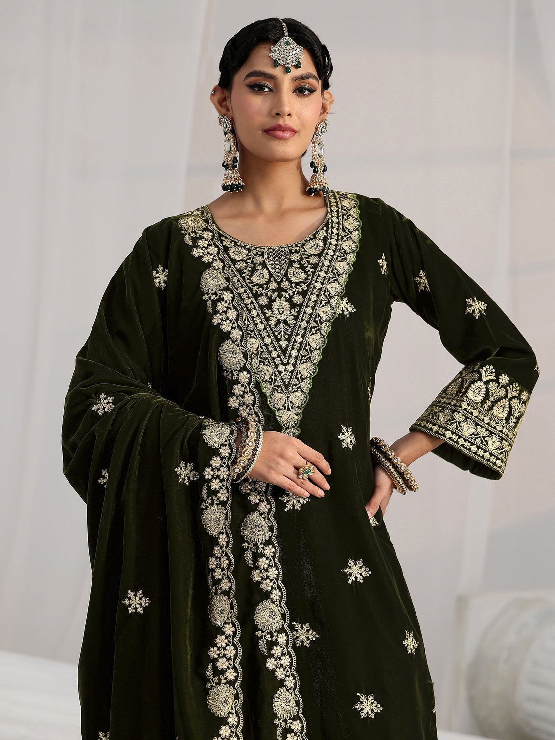 Mameraa Forest Green Yoke Design Velvet Straight Suit Set