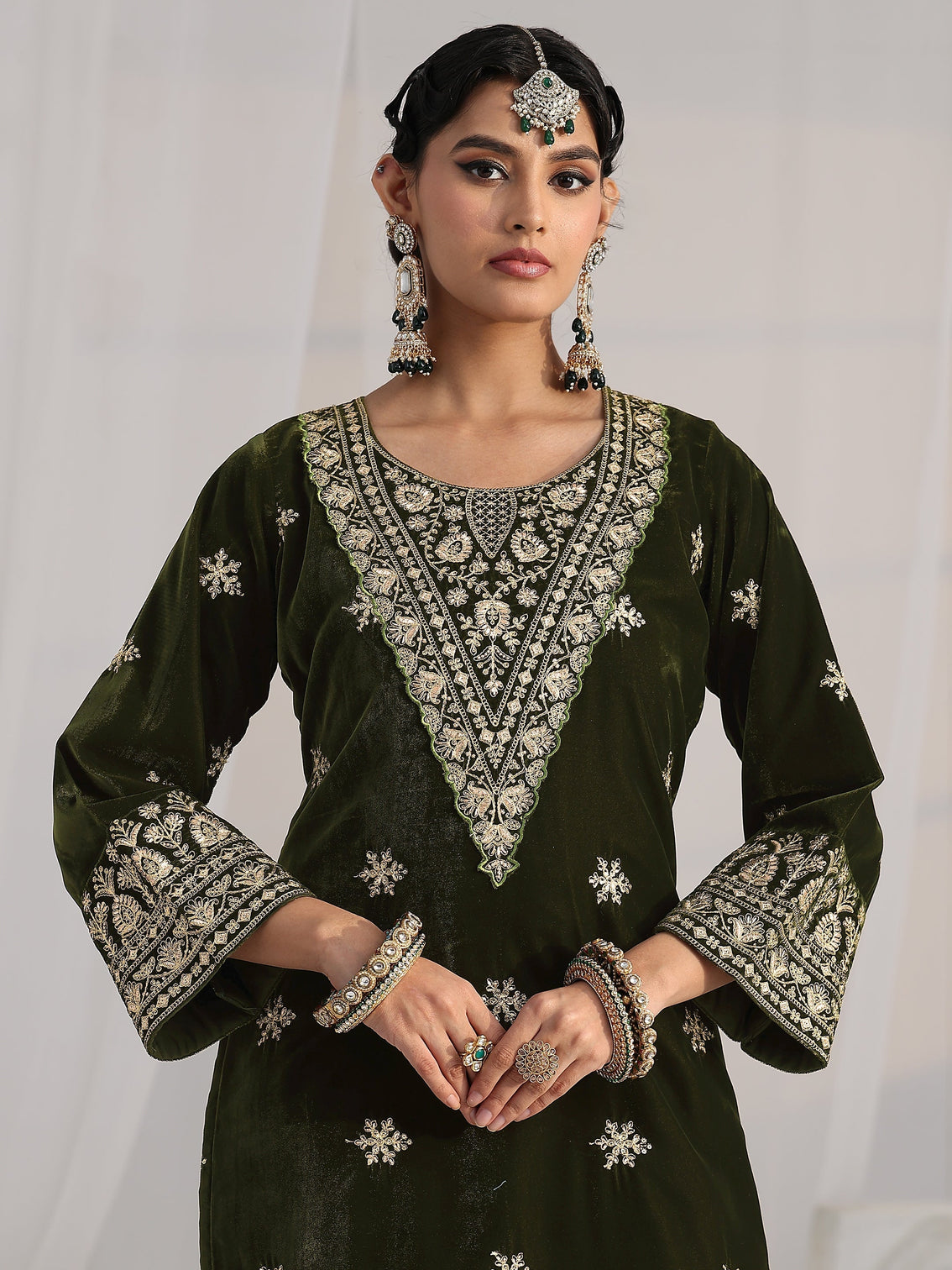 Mameraa Forest Green Yoke Design Velvet Straight Suit Set
