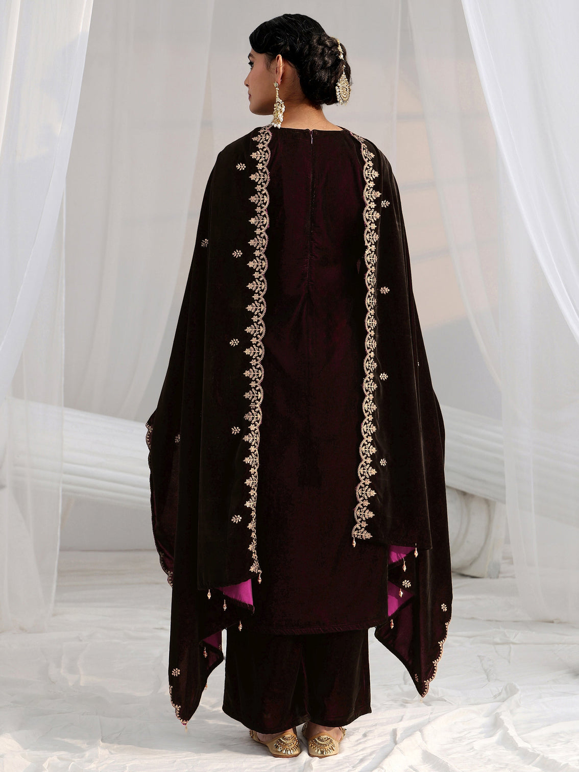 Mameraa Burgundy Yoke Design Velvet Straight Suit Set