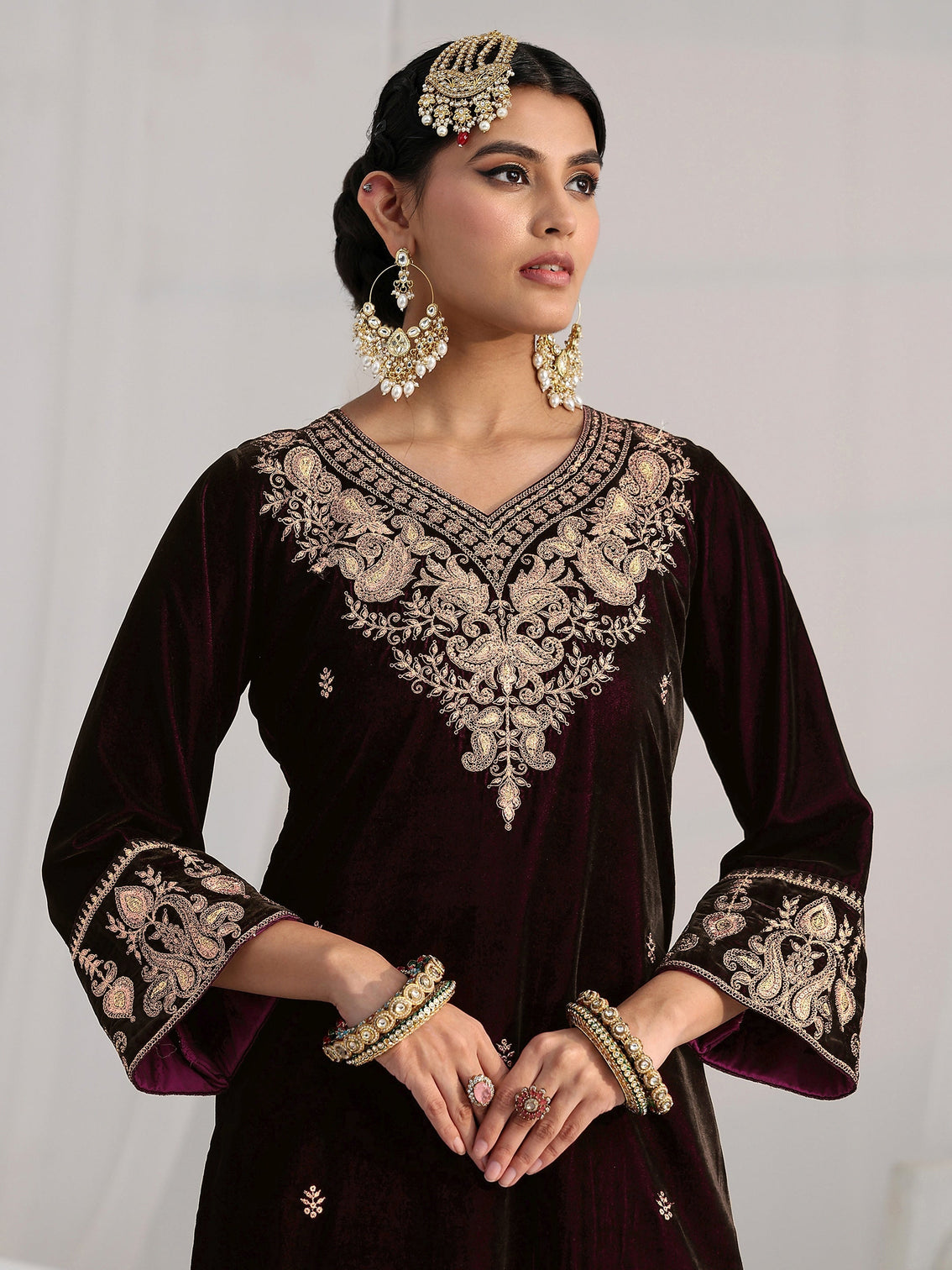 Mameraa Burgundy Yoke Design Velvet Straight Suit Set