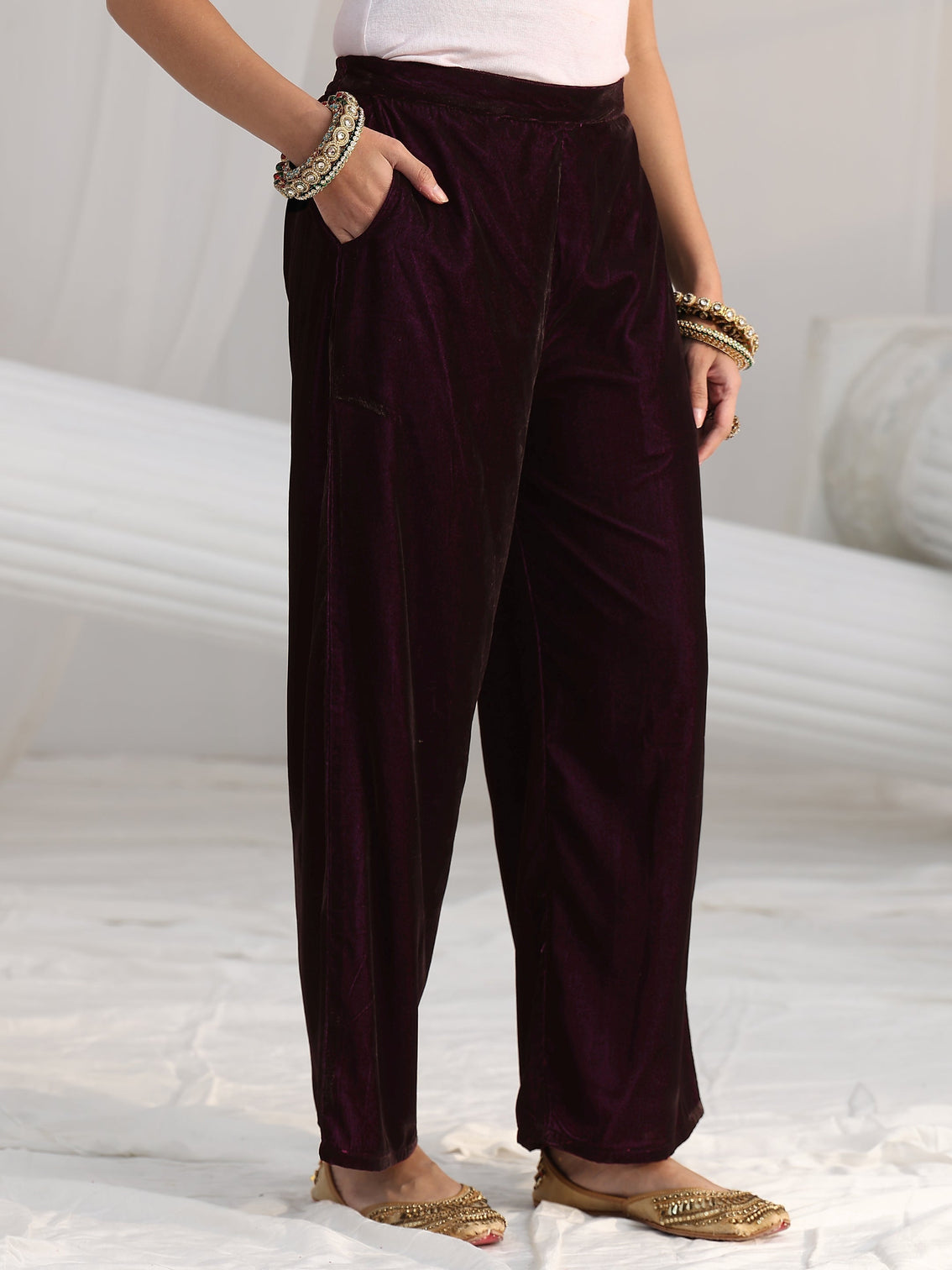 Mameraa Burgundy Yoke Design Velvet Straight Suit Set