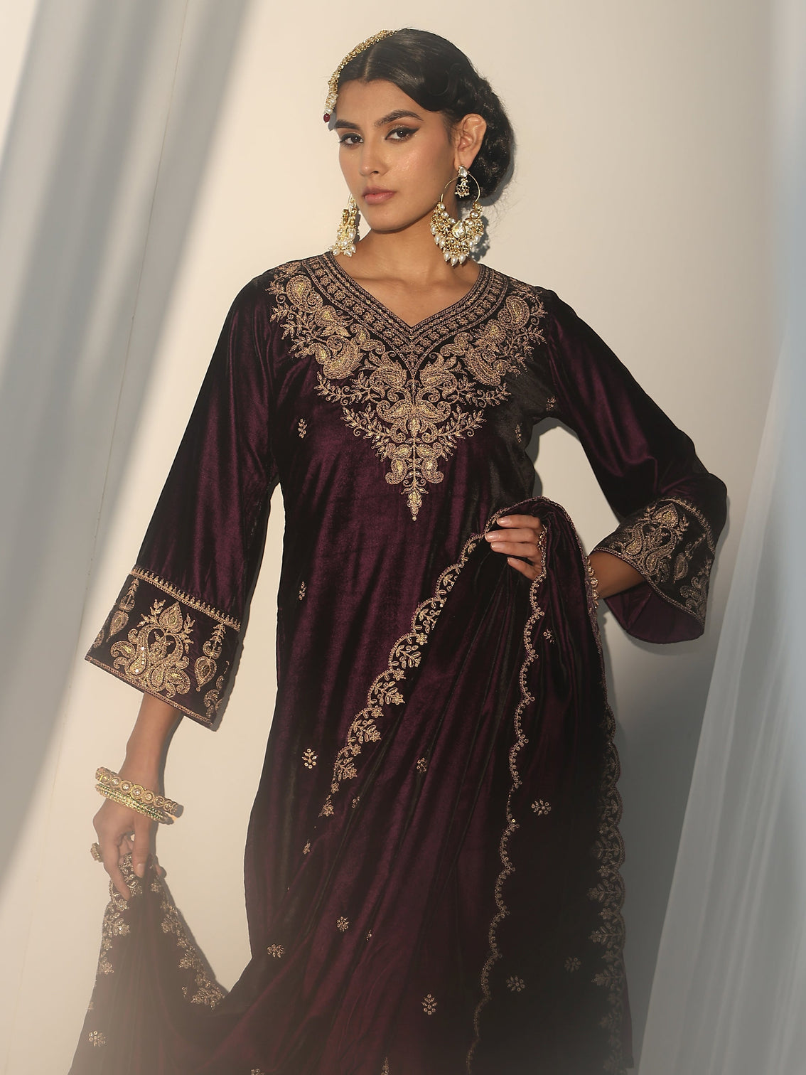 Mameraa Burgundy Yoke Design Velvet Straight Suit Set