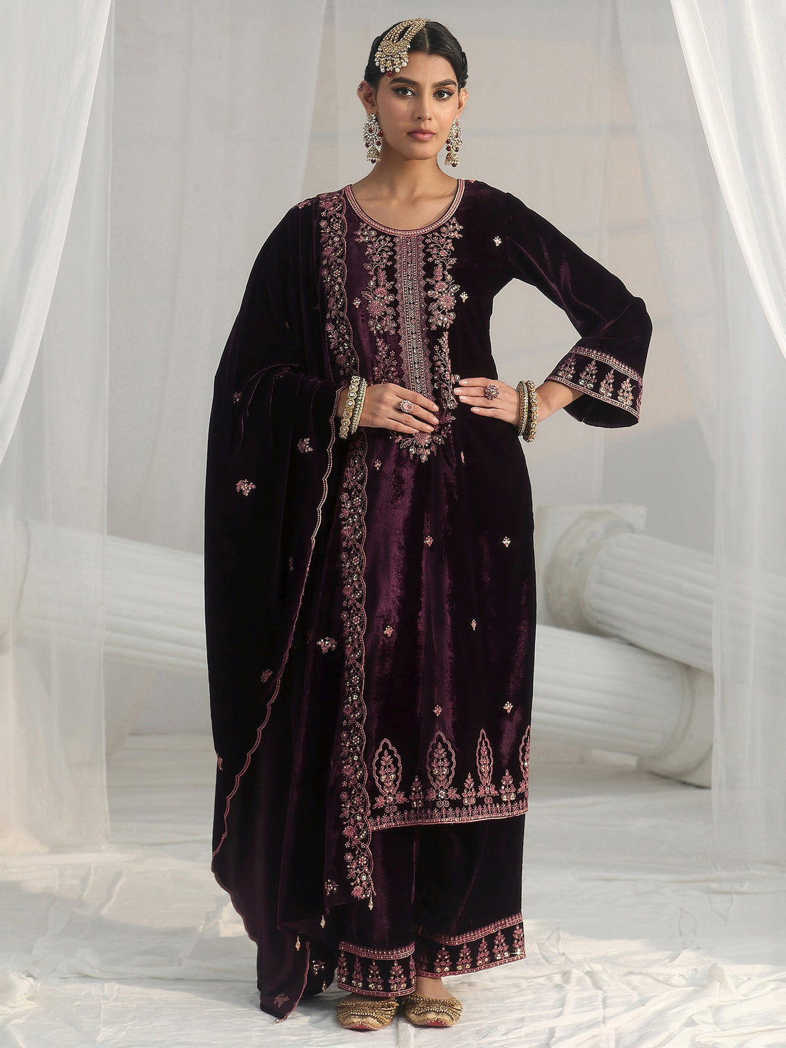 Mameraa Deep Plum Purple Floral Embellished Velvet Straight Suit Set